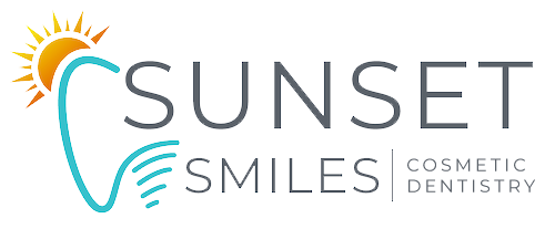The image features a logo with text that reads SUNSET SMILES COSMETIC DENTISTRY above a graphic of a palm tree with a sunset behind it, accompanied by a small body of water and a boat. Below the main text is a tagline that says Brighten Your Smile. The style of the image suggests it is a professional logo for a dental practice specializing in cosmetic dentistry.
