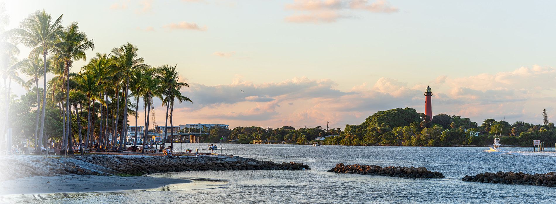 A collage of two images showcasing a tropical beach scene with palm trees, a pier, boats, a lighthouse, and a sunset skyline.